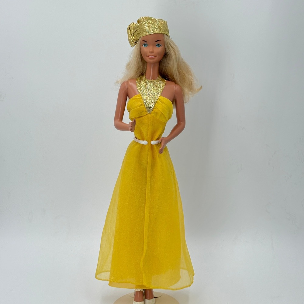 1970s Supersize Barbie 18" Doll Rare Yellow Dress Turban Shoes Jewelry Mattel